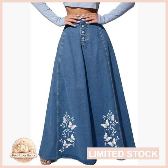 Embroidered Denim Maxi Skirt High Waisted A-Line Boho Chic Flowy